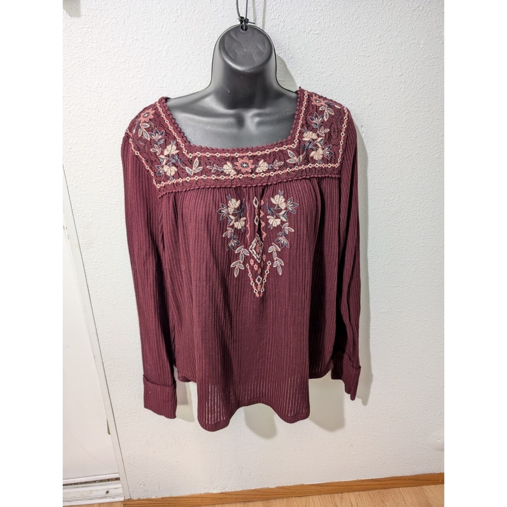 Knox Rose Blouse Top Womens Medium Burgundy Floral Lace Long Sleeve Ribbed Knit